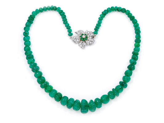 Emerald Bead Necklace with Diamond Flower Clasp in Platinum