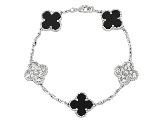 Van Cleef & Arpels 'Vintage Alhambra' Diamond and Onyx Bracelet in 18K White Gold
