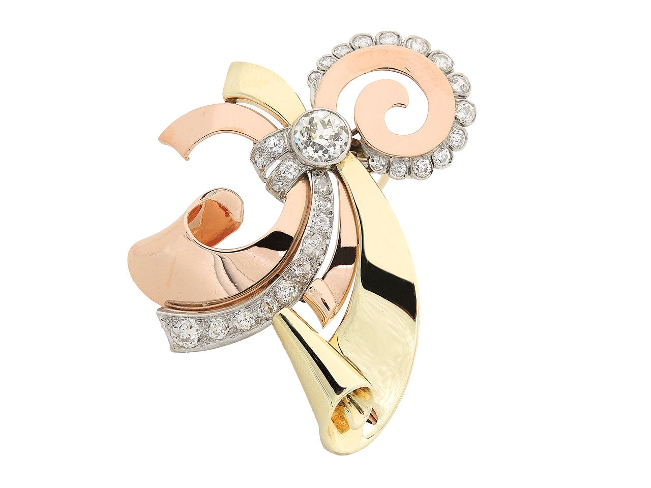 Retro Diamond Brooch in 14K Yellow, White and Rose Gold