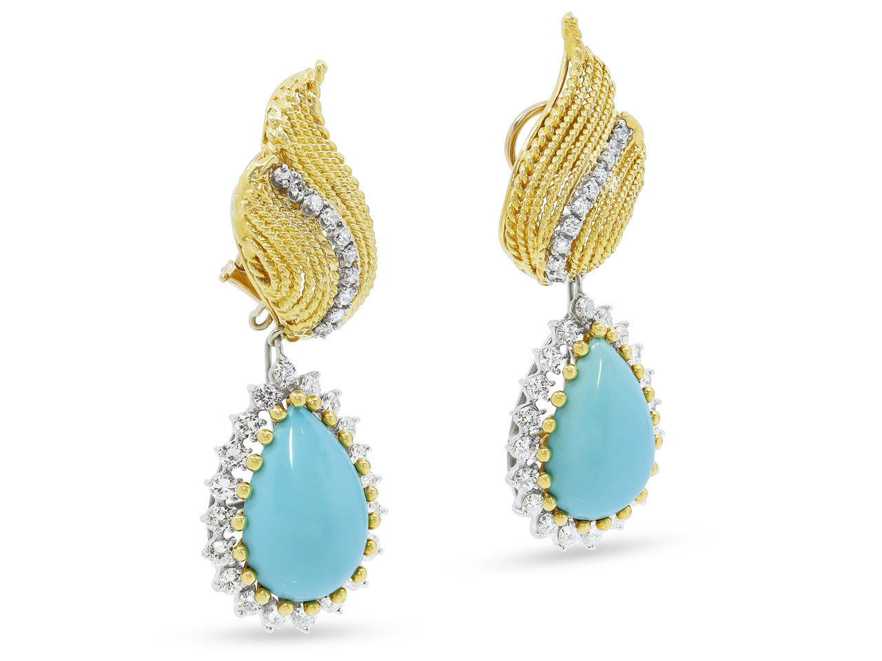 Mid-Century Turquoise and Diamond Drop Earrings in 18K Gold