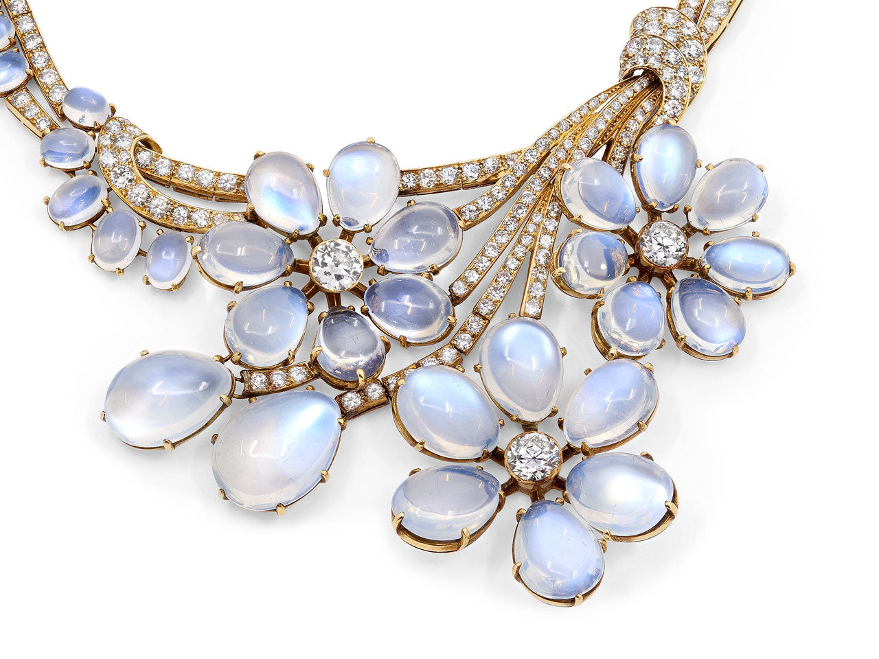 Mid-Century Moonstone and Diamond Necklace in 18K Gold, French