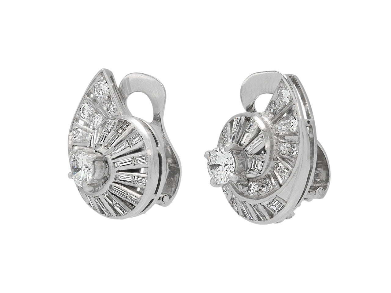 Mid-Century Diamond Swirl Earrings in Platinum and 18K White Gold