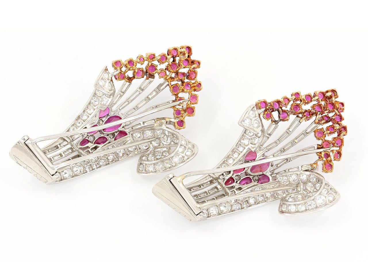 Pair of Ruby and Diamond Spray Brooches in 18K White Gold