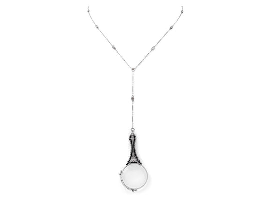 Antique Edwardian Diamond and Onyx Lorgnette Necklace in 18K White Gold
