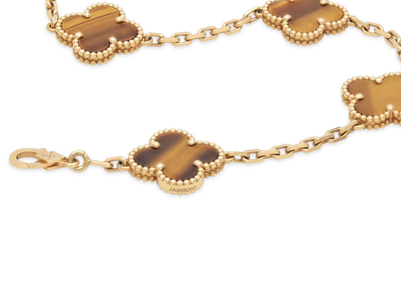 Van Cleef & Arpels 'Vintage Alhambra' 5 Motif Tiger's Eye Bracelet in 18K Gold