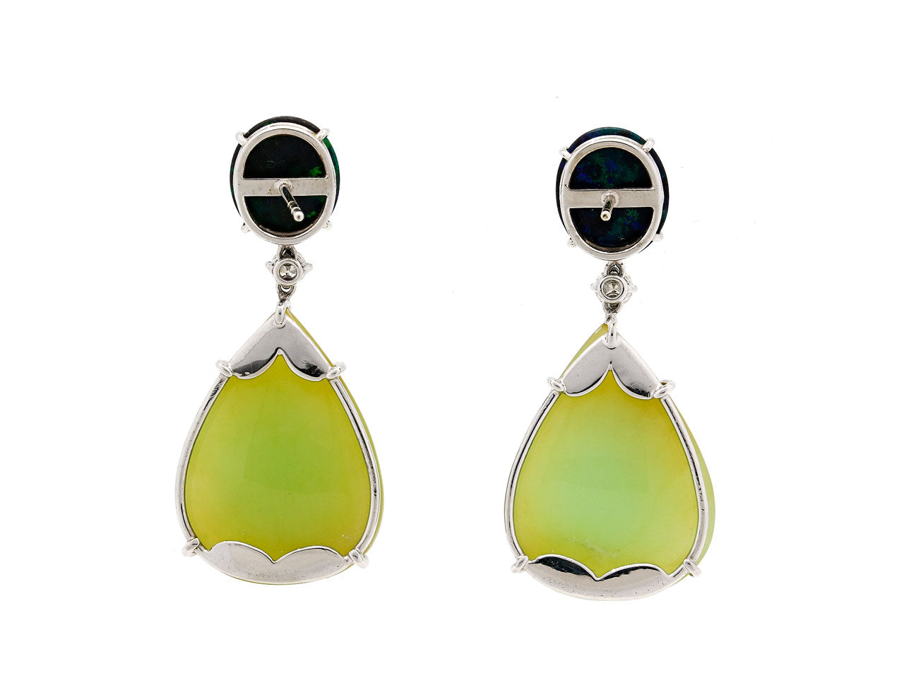 Black and Green Opal and Diamond Earrings in 18K White Gold
