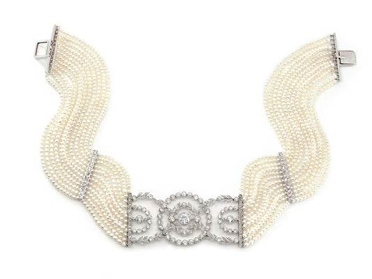 Edwardian Style Cultured Pearl, Natural Seed Pearl, and Diamond Choker in 18K White Gold