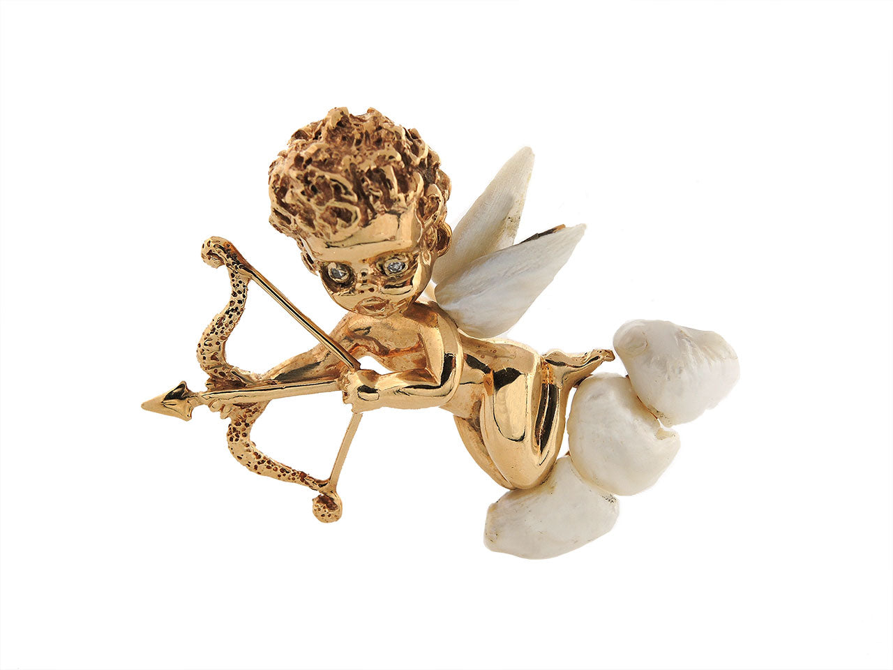 Ruser American Freshwater Pearl Cupid Brooch in 14K Gold