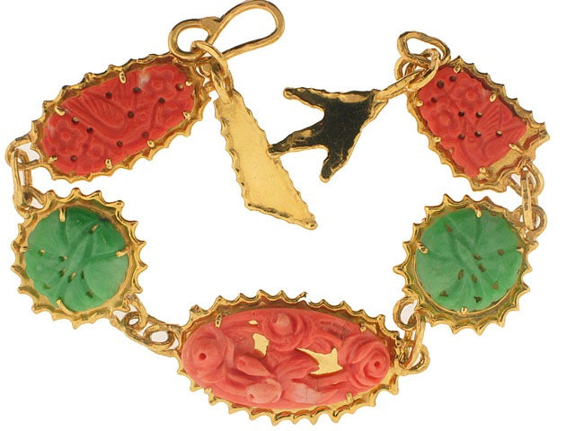 Neiman Marcus Carved Coral and Jadeite Bracelet in 22K Gold