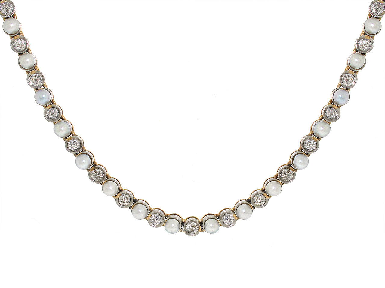 Antique Edwardian Natural Pearl and Diamond Necklace in 14K