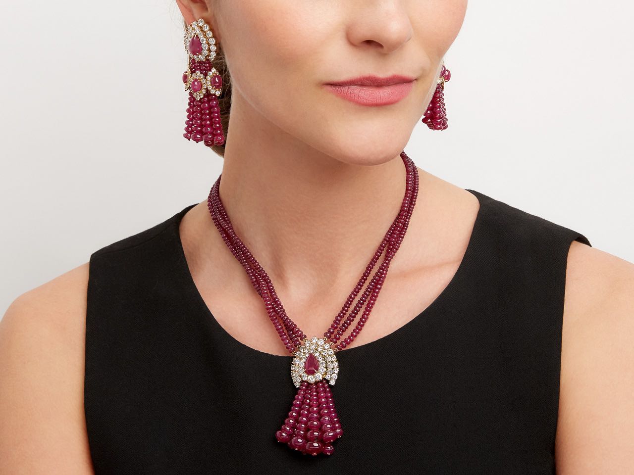 Ruby and Diamond Tassel Earrings and Necklace Set in 18K