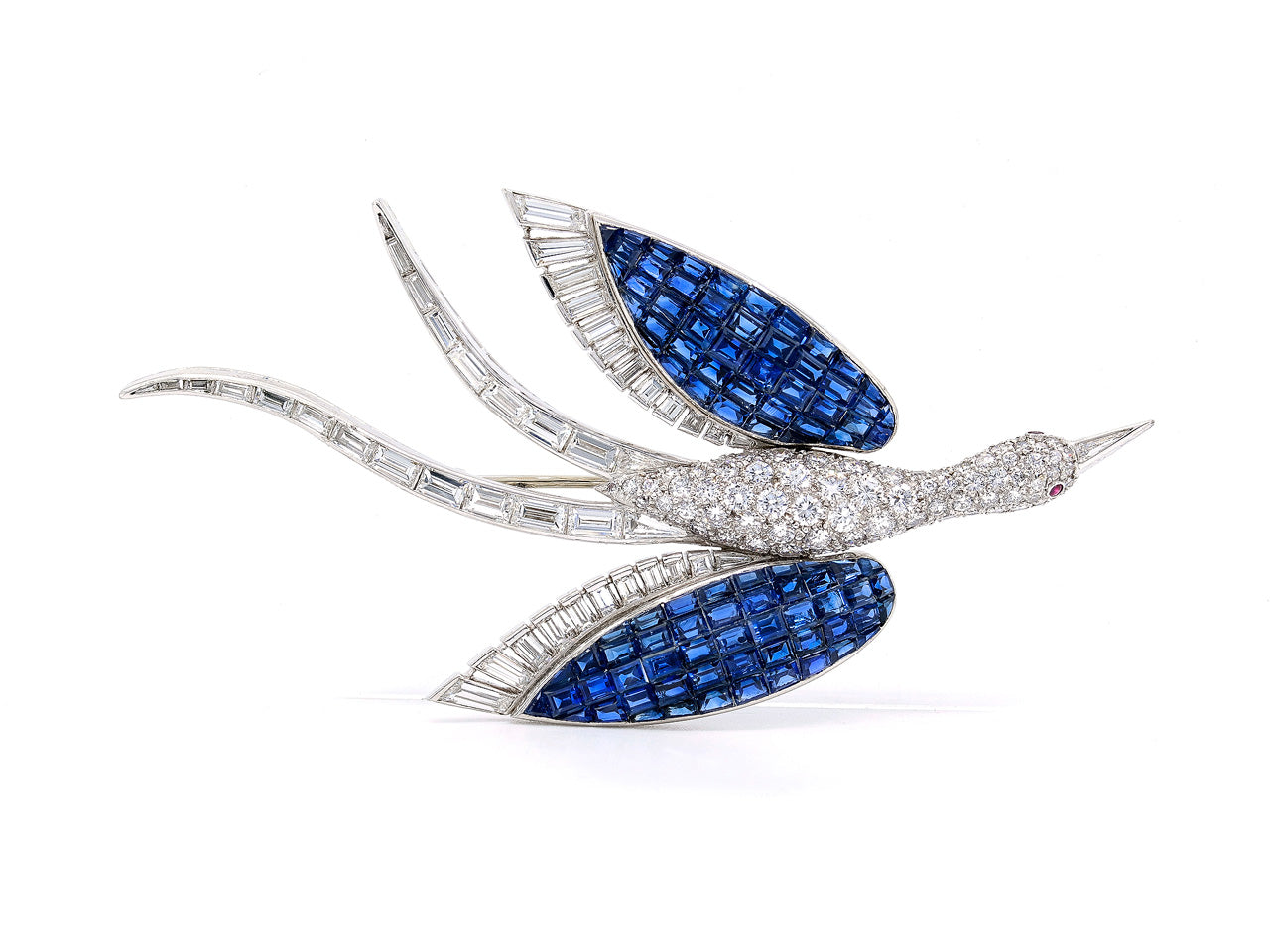 Mid-Century Invisibly-set Sapphire, Diamond and Platinum Bird Brooch, French