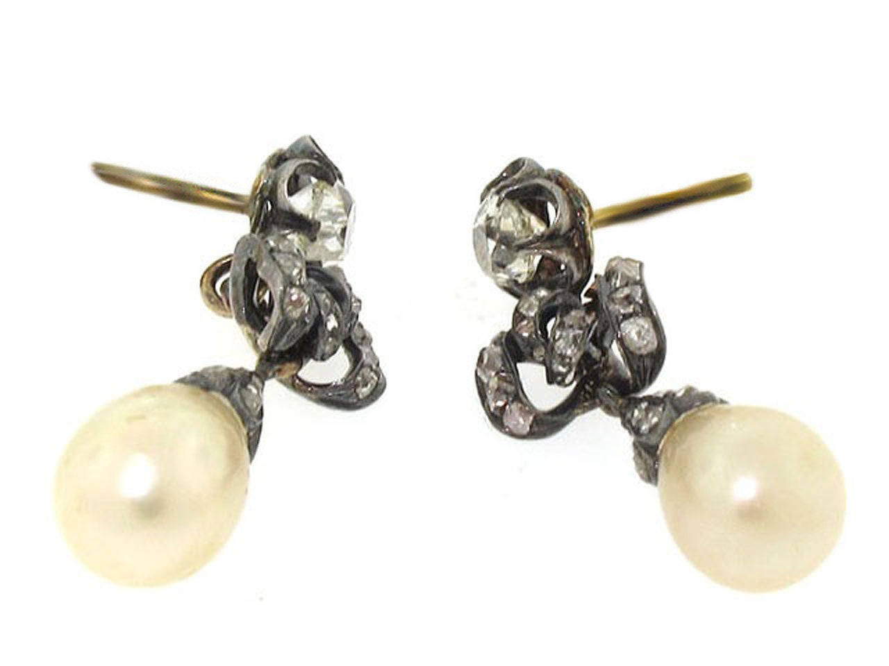 Antique Victorian Diamond and Natural Pearl Earrings in Silver and Gold