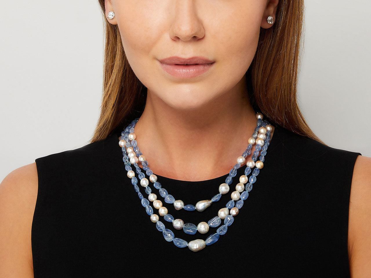 Seaman Schepps Sapphire Bead and Semi Baroque Pearl Necklace in 14K Gold